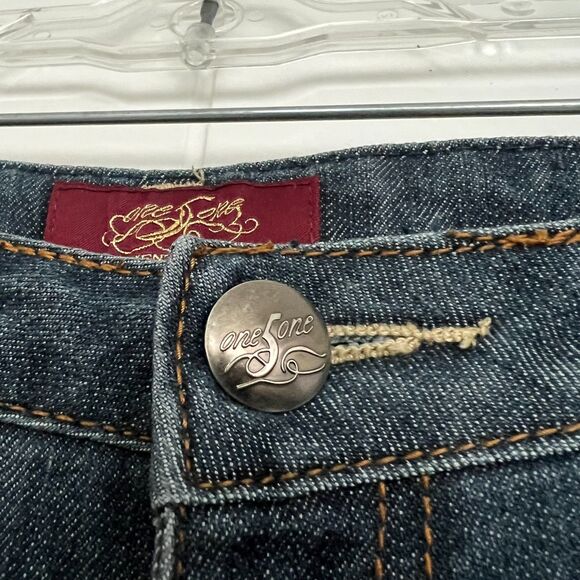 One 5 One Authentic Denim Dark Wash Blue Mid-Rise Bootcut Capri Jeans 14 - Picture 5 of 6